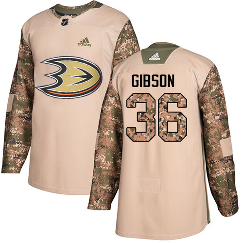 Adidas Ducks #36 John Gibson Camo Authentic Veterans Day Youth Stitched NHL Jersey